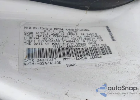 1992 Toyota Camry Dlx z USA, uszkodzony, nr VIN 4T1SK11E8NU086379